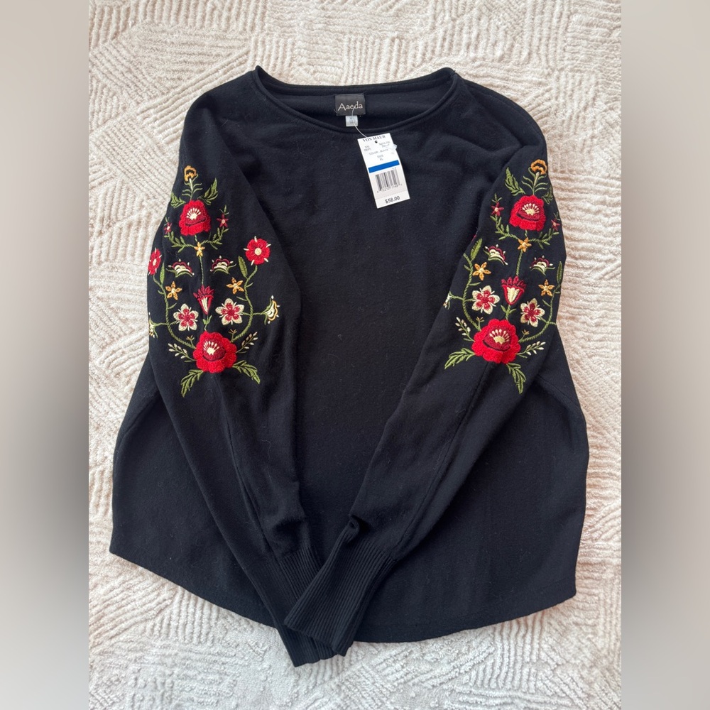 Aaeda Black Embroidered Floral Knit Sweater XL Boho Crewneck Pullover